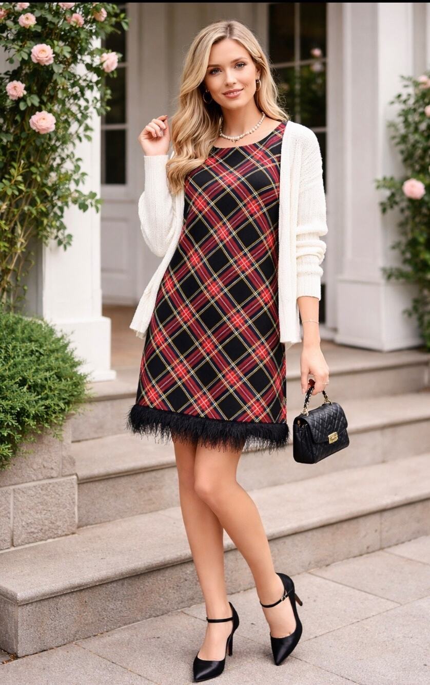 J.Crew preppy academia retro plaid lined dress with feather trim size 12